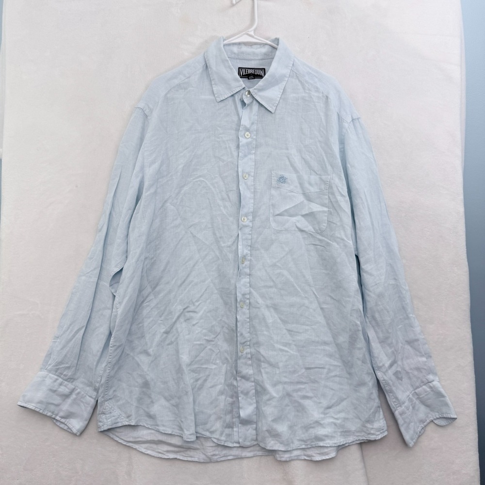 Vileberquin Shirt Mens 3XL Blue Linen Pocket Casual Button Up